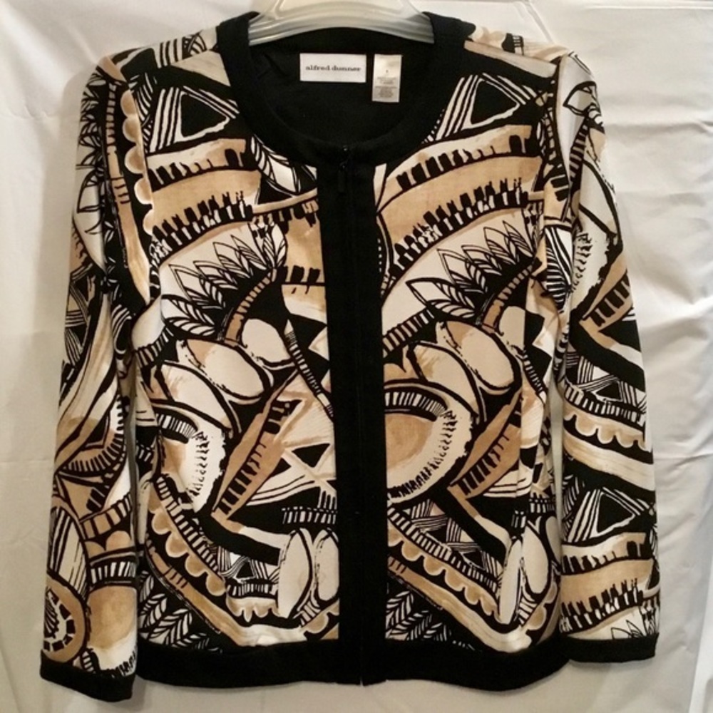 Alfred Dunner Tan White & Black Zip Up Jacket